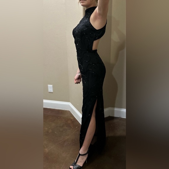 Long Black beaded Dress with open back, choker-collared neck and side slit. - Picture 3 of 5